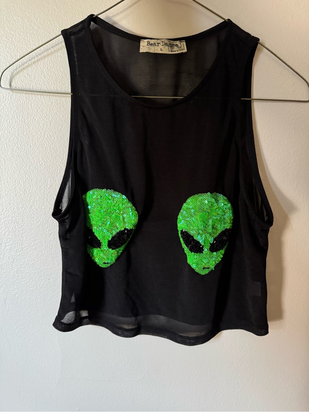 Bear Dance Black Mesh Crop Tank with Green Sequin Alien Faces